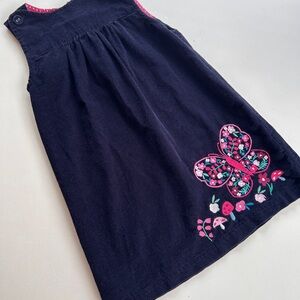 JoJo Maman Bebe Navy Dress with Pink Floral Butterfly Embroidery